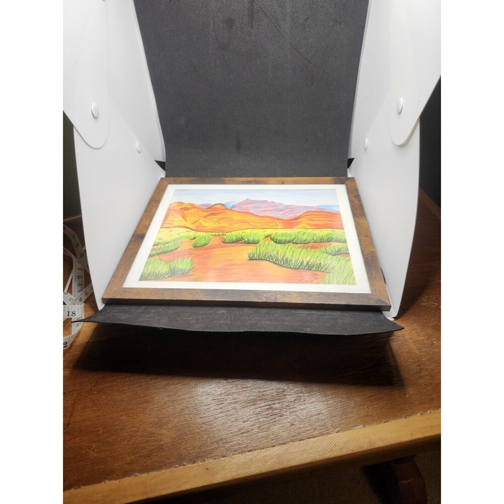 Hand Crafted Dessert Mountain Landscape Colored Pencil Drawing Framed 9x11" - Picture 9 of 16